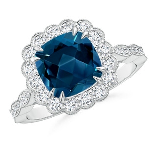 8mm AAAA Cushion London Blue Topaz Ring with Floral Halo in P950 Platinum