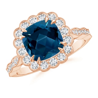 8mm AAAA Cushion London Blue Topaz Ring with Floral Halo in Rose Gold