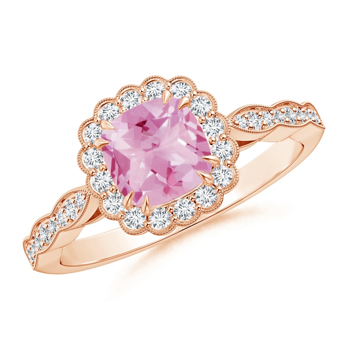 6mm A Cushion Pink Tourmaline Ring with Floral Halo in Rose Gold 
