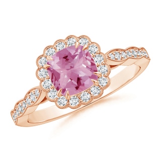 6mm AA Cushion Pink Tourmaline Ring with Floral Halo in Rose Gold