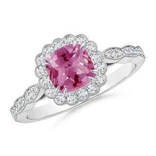 6mm AAA Cushion Pink Tourmaline Ring with Floral Halo in P950 Platinum
