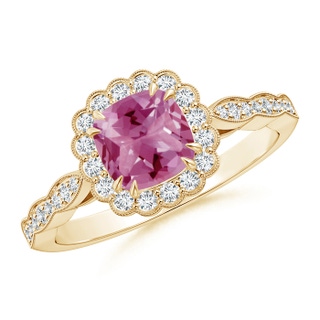 6mm AAA Cushion Pink Tourmaline Ring with Floral Halo in Yellow Gold