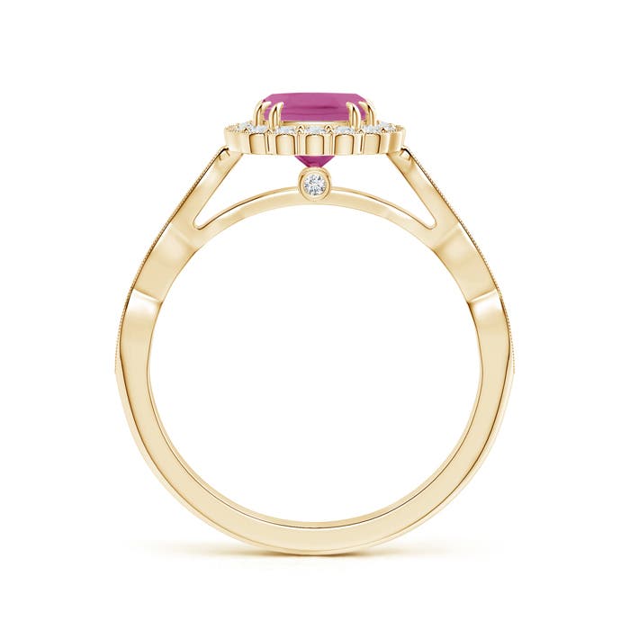 6mm AAA Cushion Pink Tourmaline Ring with Floral Halo in Yellow Gold - side 1