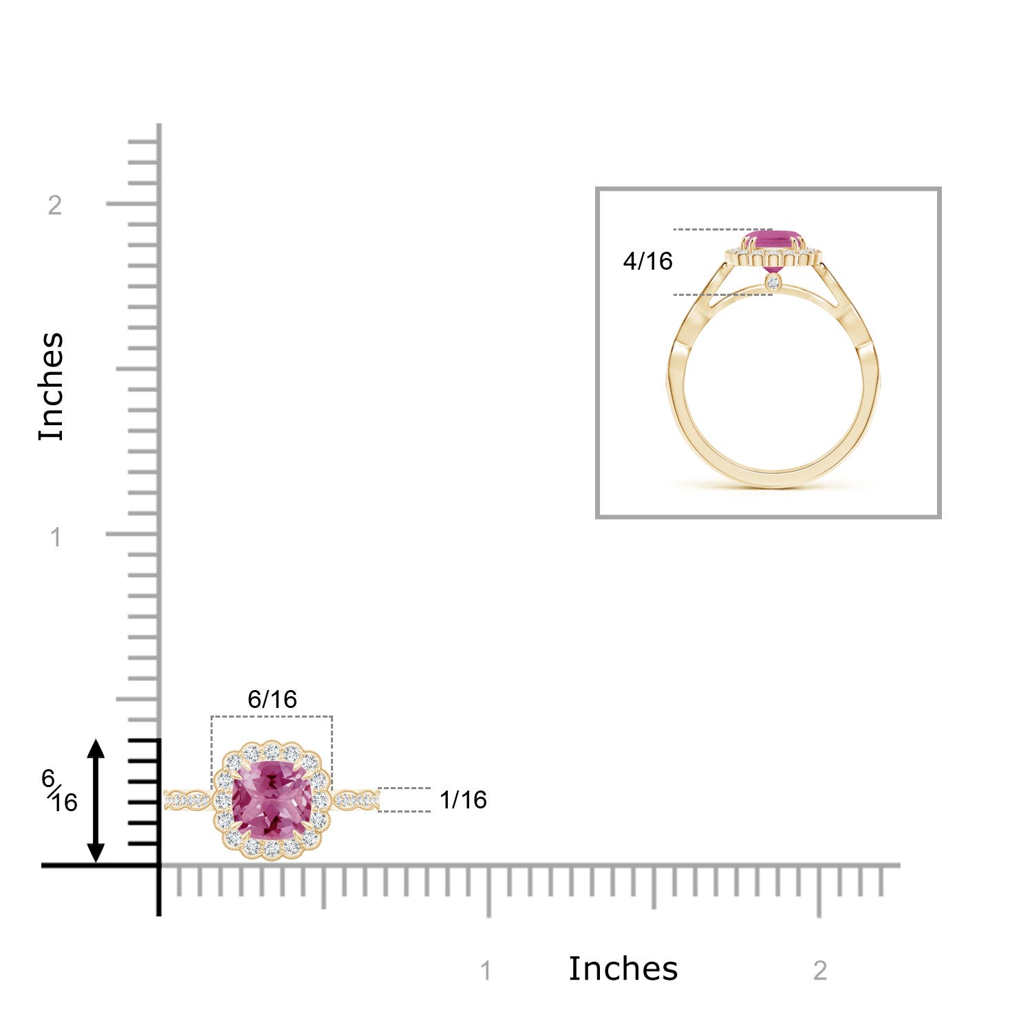 6mm AAA Cushion Pink Tourmaline Ring with Floral Halo in Yellow Gold - ruler
