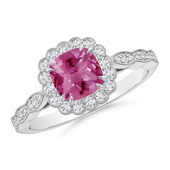 6mm AAAA Cushion Pink Tourmaline Ring with Floral Halo in P950 Platinum