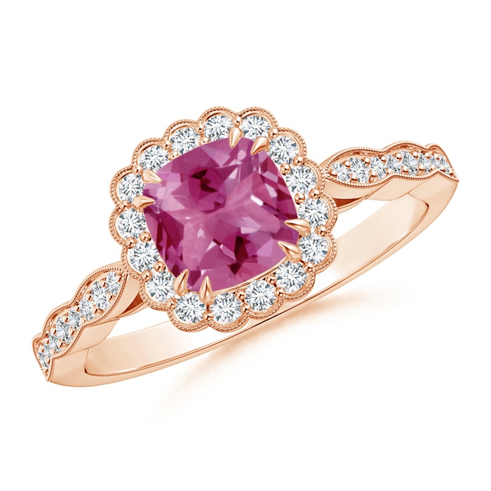 6mm AAAA Cushion Pink Tourmaline Ring with Floral Halo in Rose Gold