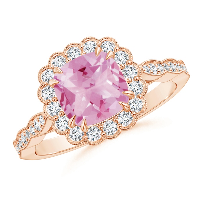 7mm A Cushion Pink Tourmaline Ring with Floral Halo in Rose Gold 