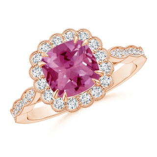 7mm AAAA Cushion Pink Tourmaline Ring with Floral Halo in Rose Gold