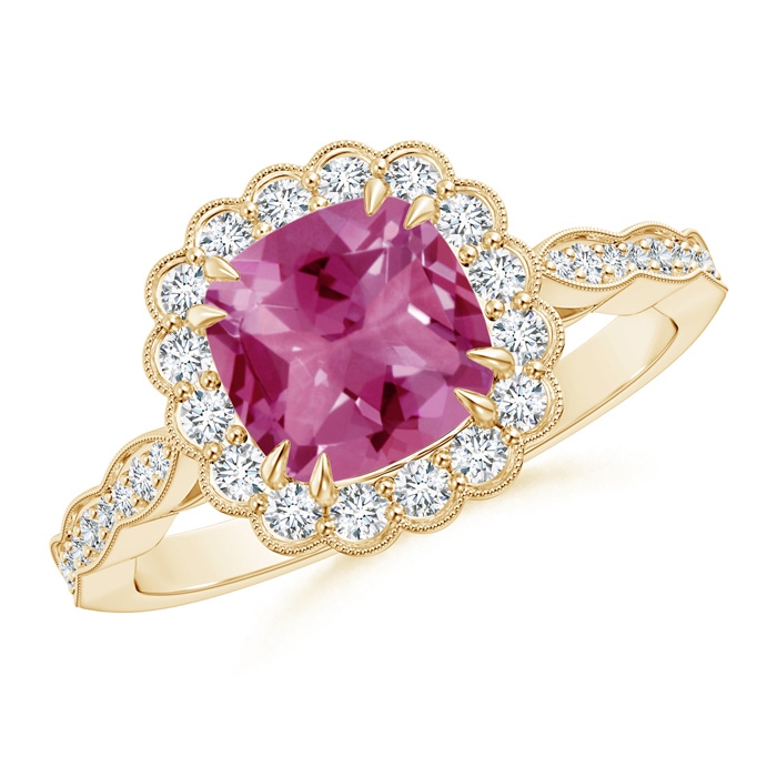 7mm AAAA Cushion Pink Tourmaline Ring with Floral Halo in Yellow Gold 