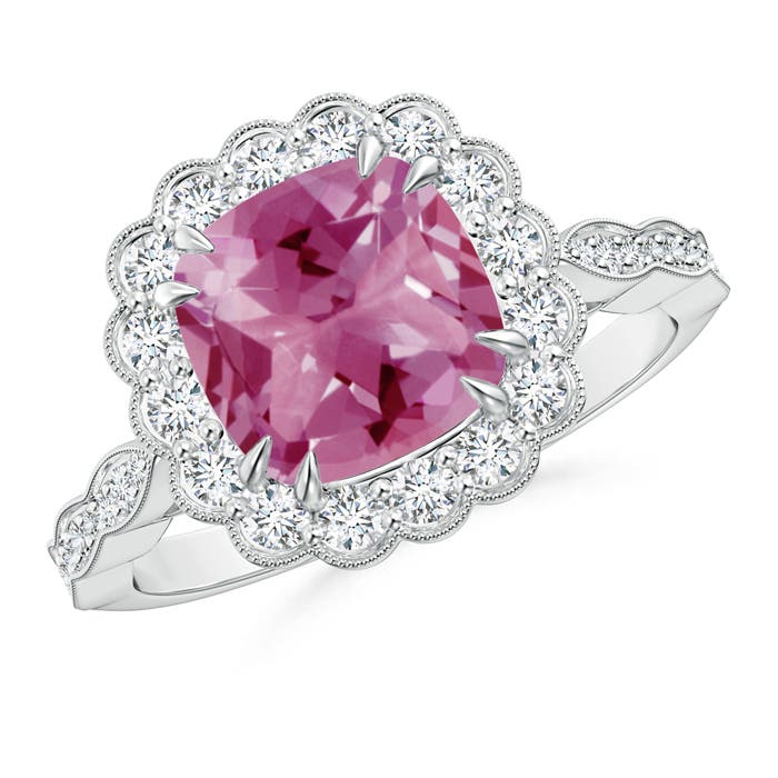 8mm AAA Cushion Pink Tourmaline Ring with Floral Halo in P950 Platinum