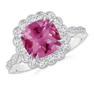 8mm AAAA Cushion Pink Tourmaline Ring with Floral Halo in P950 Platinum