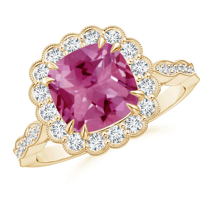 8mm AAAA Cushion Pink Tourmaline Ring with Floral Halo in Yellow Gold 