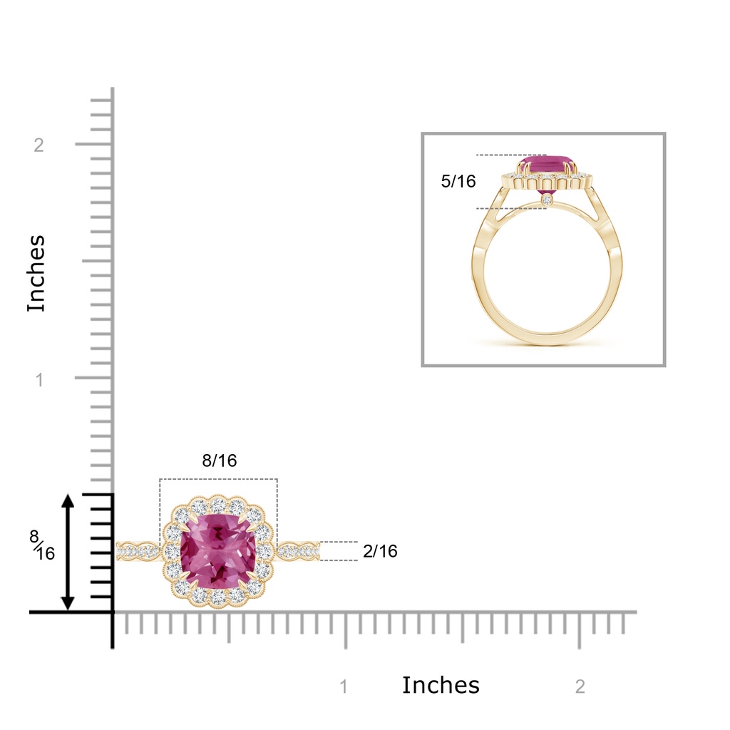 8mm AAAA Cushion Pink Tourmaline Ring with Floral Halo in Yellow Gold Product Image