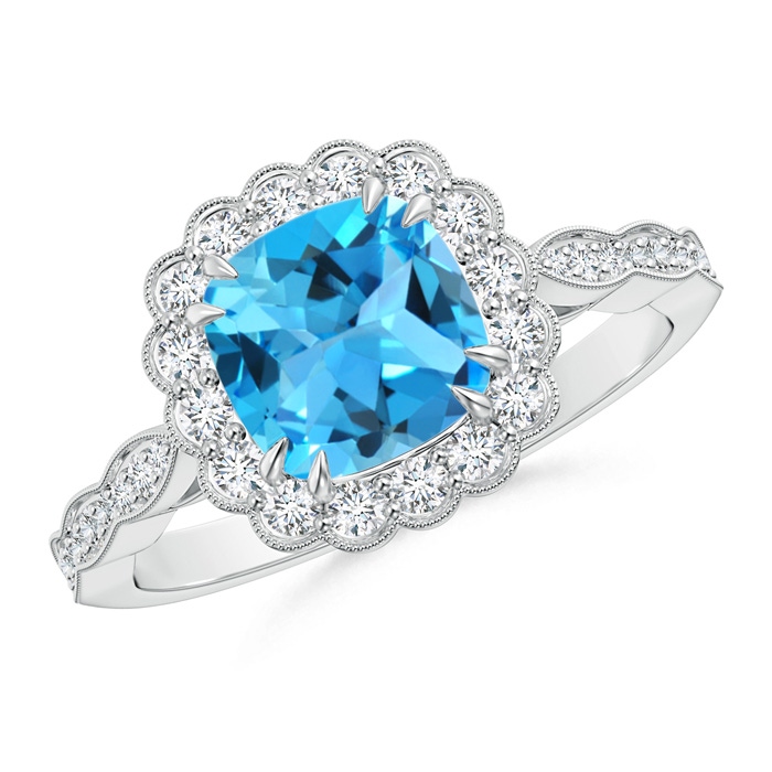 7mm AAA Cushion Swiss Blue Topaz Ring with Floral Halo in White Gold