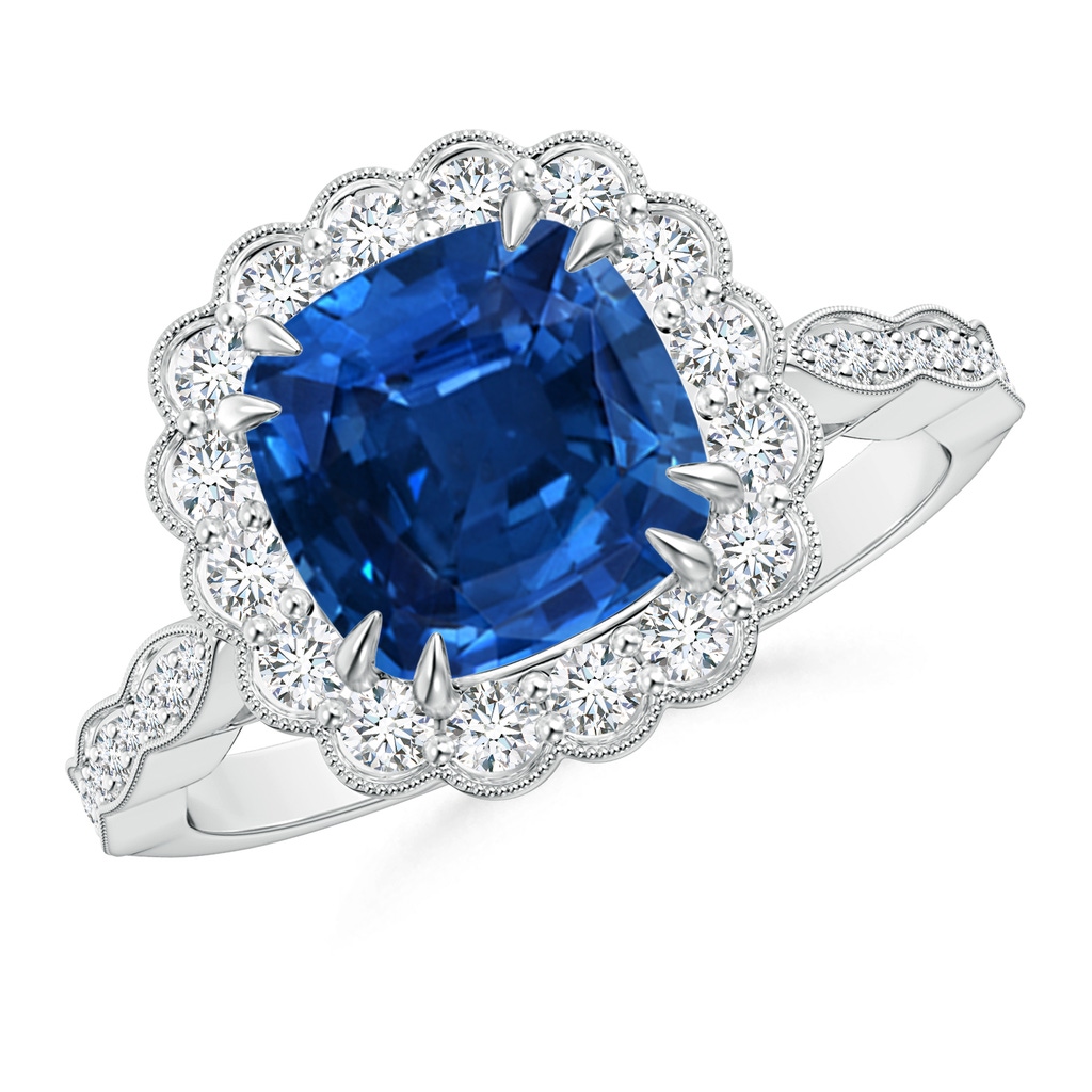 8.76x8.58x6.00mm AAAA GIA Certified Cushion Blue Sapphire Ring with Floral Halo in 18K White Gold