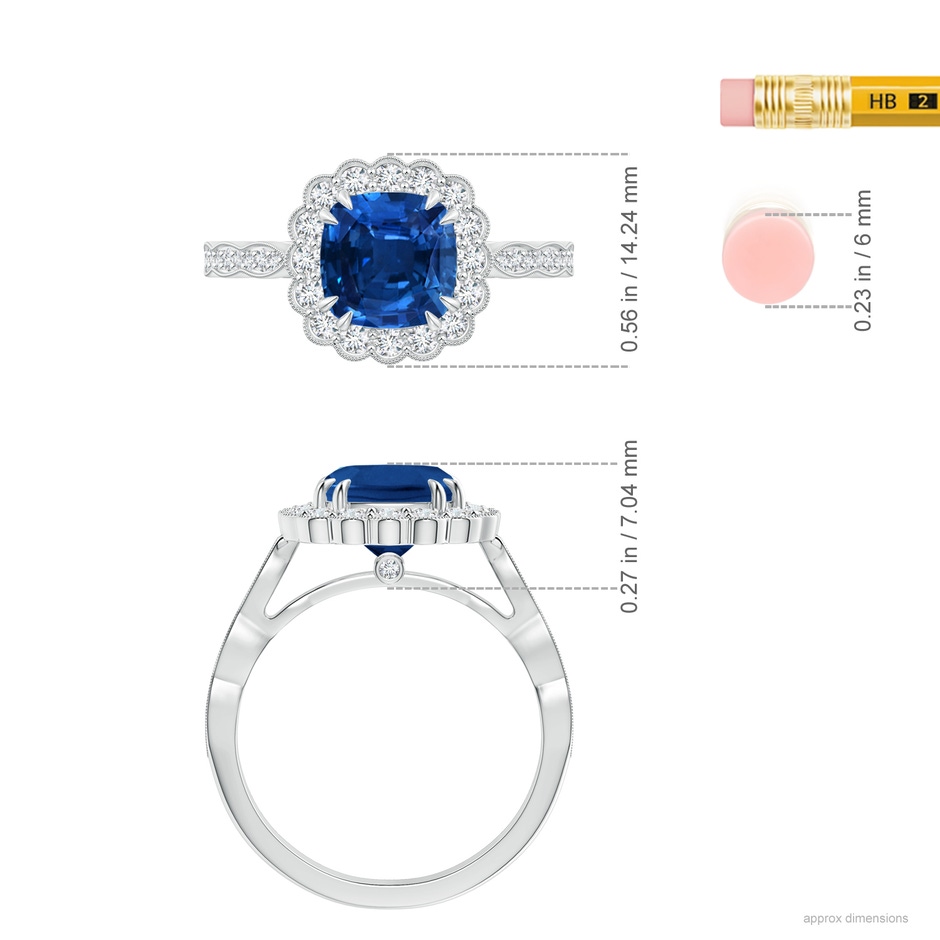 8.76x8.58x6.00mm AAAA GIA Certified Cushion Blue Sapphire Ring with Floral Halo in 18K White Gold ruler