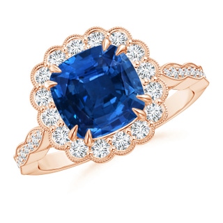 8.76x8.58x6.00mm AAAA GIA Certified Cushion Blue Sapphire Ring with Floral Halo in 9K Rose Gold