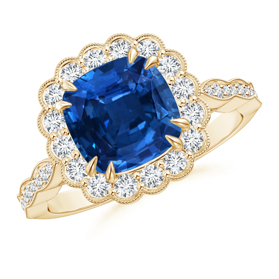 8.76x8.58x6.00mm AAAA GIA Certified Cushion Blue Sapphire Ring with Floral Halo in Yellow Gold 