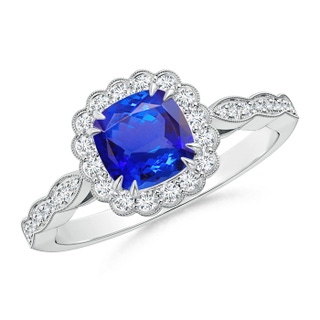 6mm AAA Cushion Tanzanite Ring with Floral Halo in P950 Platinum