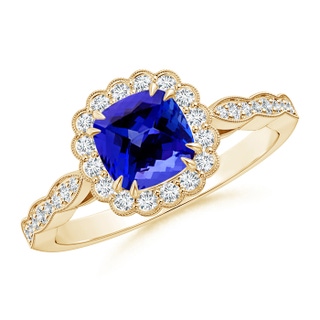 6mm AAAA Cushion Tanzanite Ring with Floral Halo in Yellow Gold