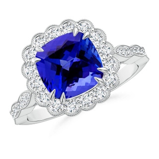 8mm AAAA Cushion Tanzanite Ring with Floral Halo in White Gold