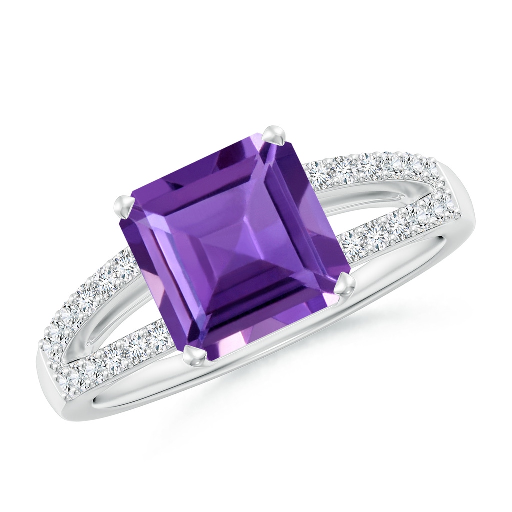 8mm AAA Solitaire Emerald-Cut Amethyst Split Shank Ring in White Gold