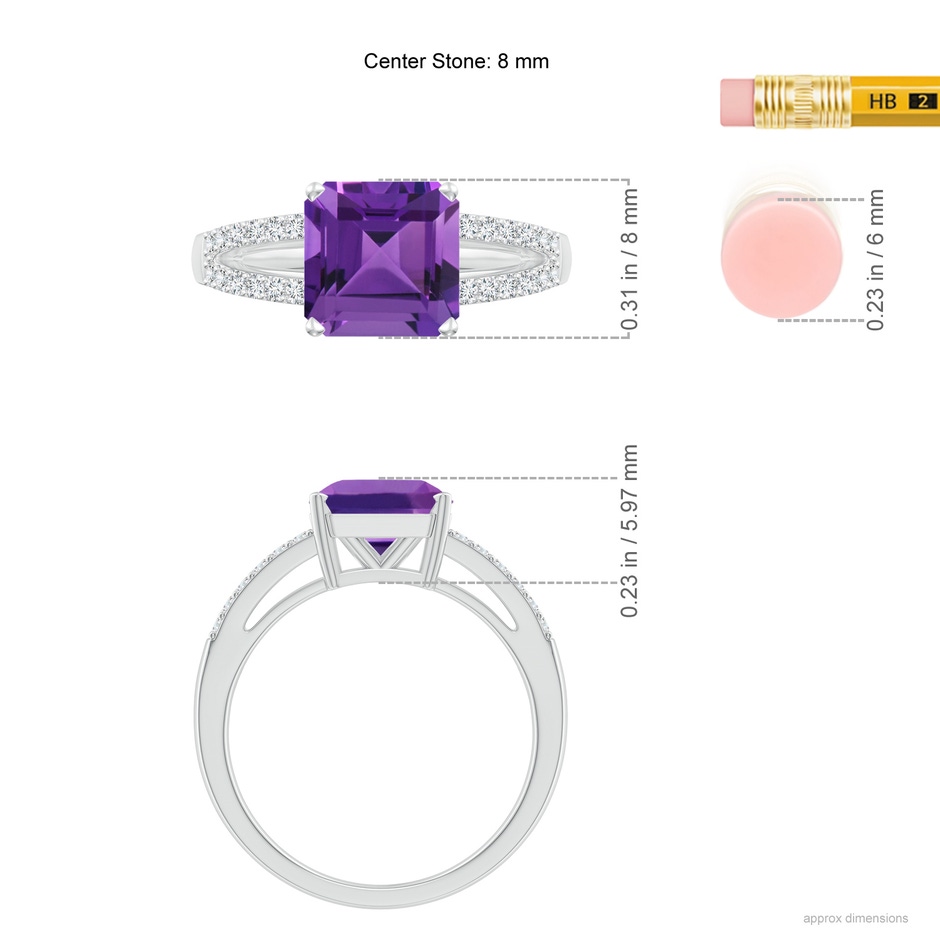 8mm AAAA Solitaire Emerald-Cut Amethyst Split Shank Ring in White Gold ruler