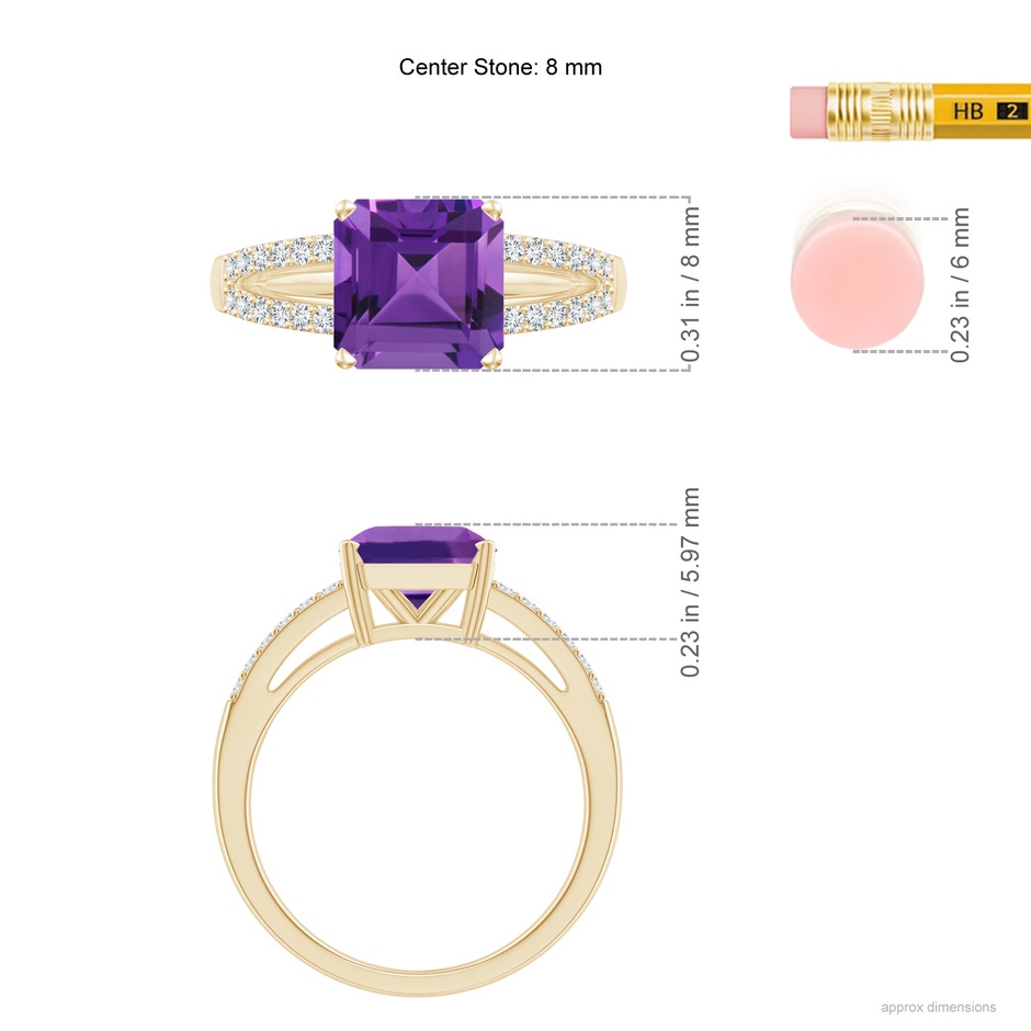 8mm AAAA Solitaire Emerald-Cut Amethyst Split Shank Ring in Yellow Gold ruler