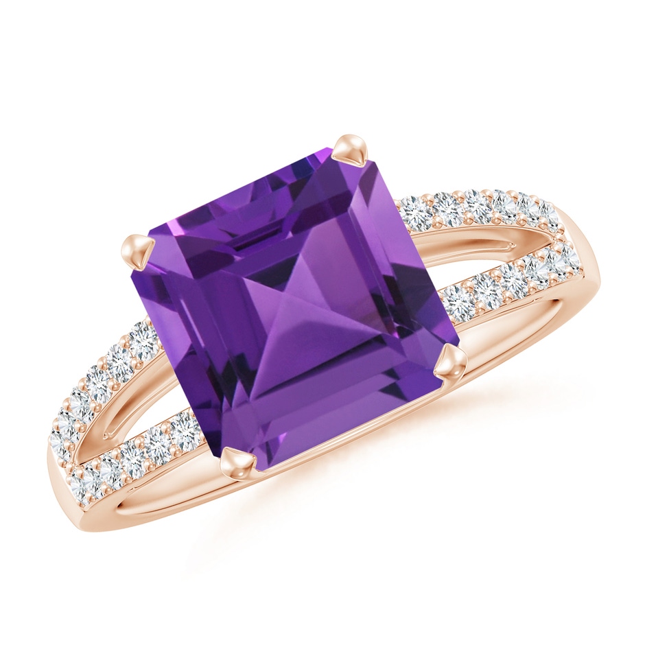 9mm AAAA Solitaire Emerald-Cut Amethyst Split Shank Ring in 18K Rose Gold 