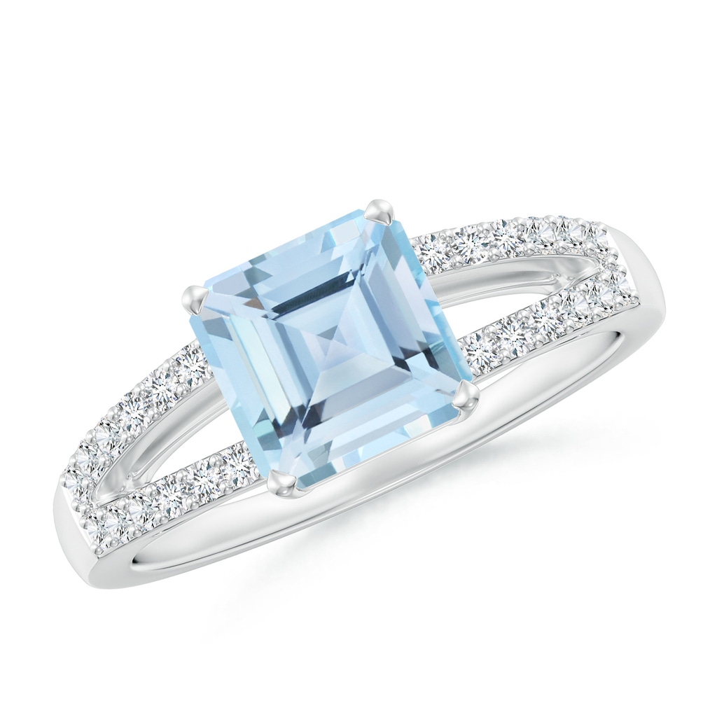 7mm AAA Solitaire Emerald-Cut Aquamarine Split Shank Ring in White Gold