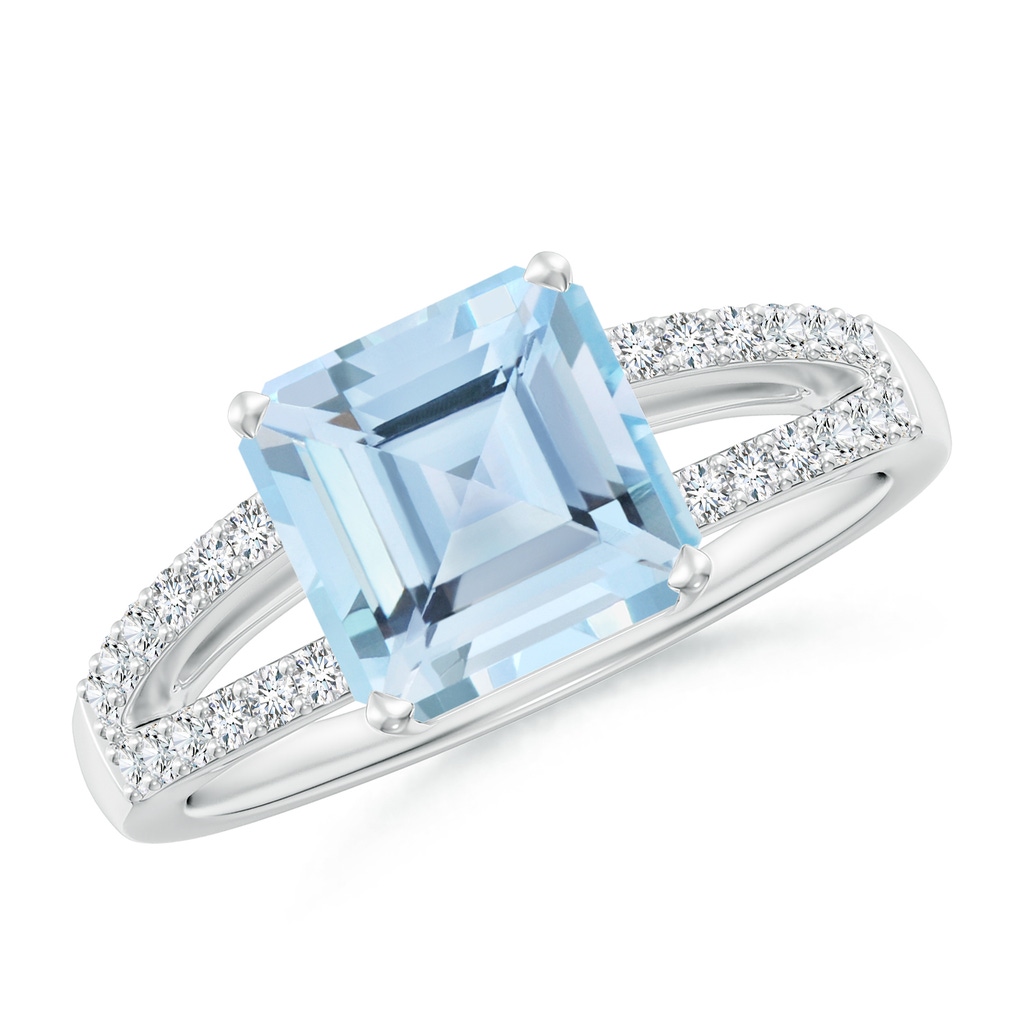 8mm AAA Solitaire Emerald-Cut Aquamarine Split Shank Ring in White Gold