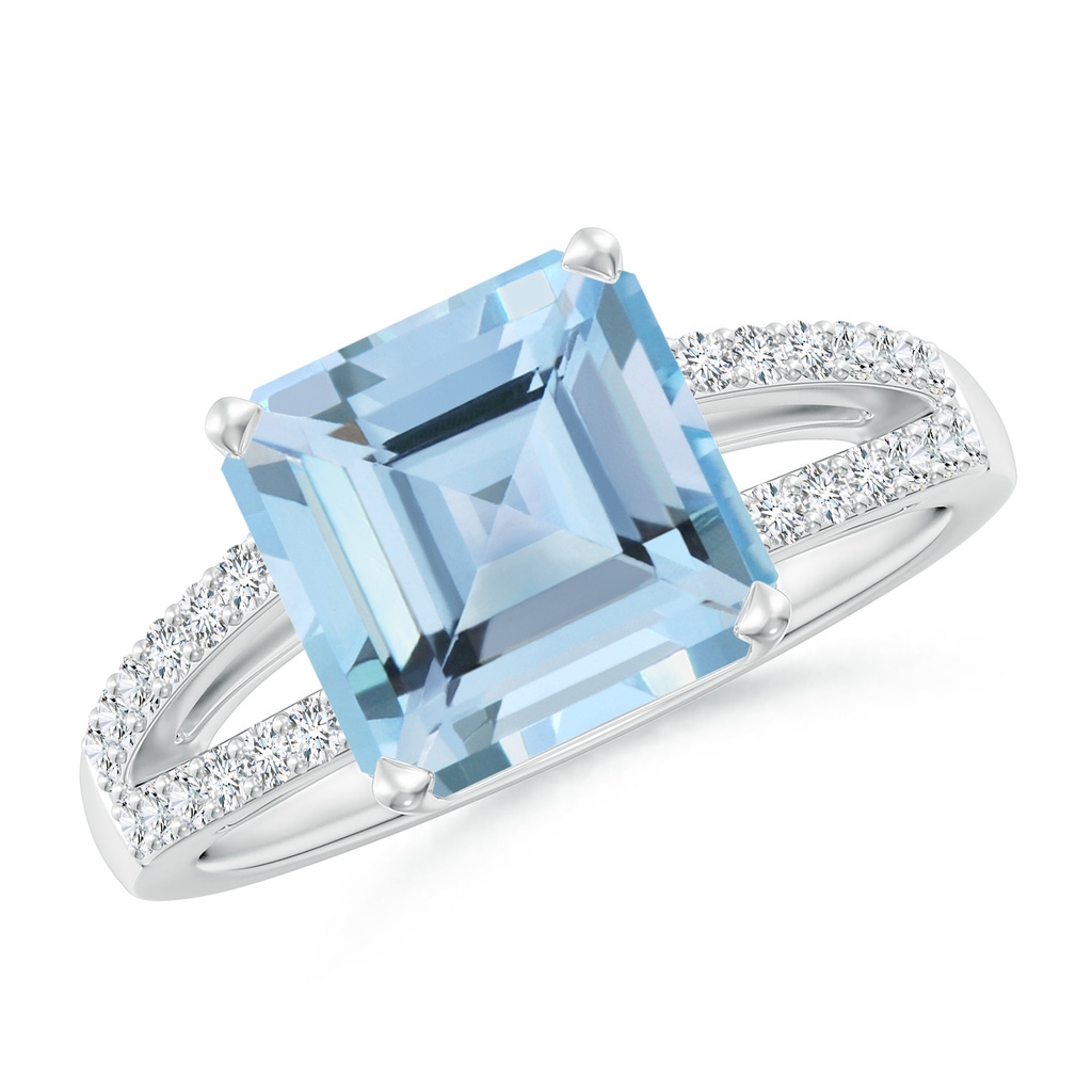 9mm AAAA Solitaire Emerald-Cut Aquamarine Split Shank Ring in White Gold