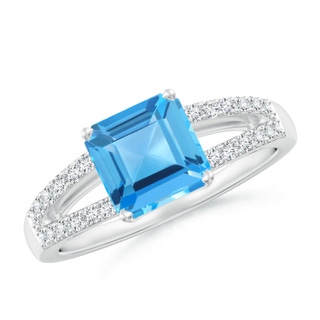 7mm AAA Solitaire Emerald-Cut Swiss Blue Topaz Split Shank Ring in White Gold