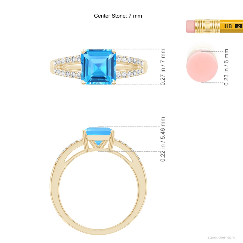 7mm AAAA Solitaire Emerald-Cut Swiss Blue Topaz Split Shank Ring in Yellow Gold ruler