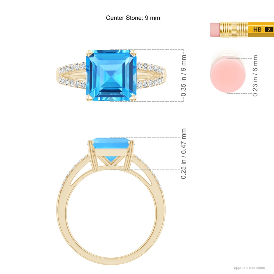 9mm AAAA Solitaire Emerald-Cut Swiss Blue Topaz Split Shank Ring in Yellow Gold ruler