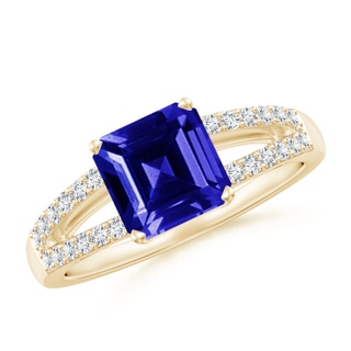 7mm AAAA Solitaire Emerald-Cut Tanzanite Split Shank Ring in Yellow Gold