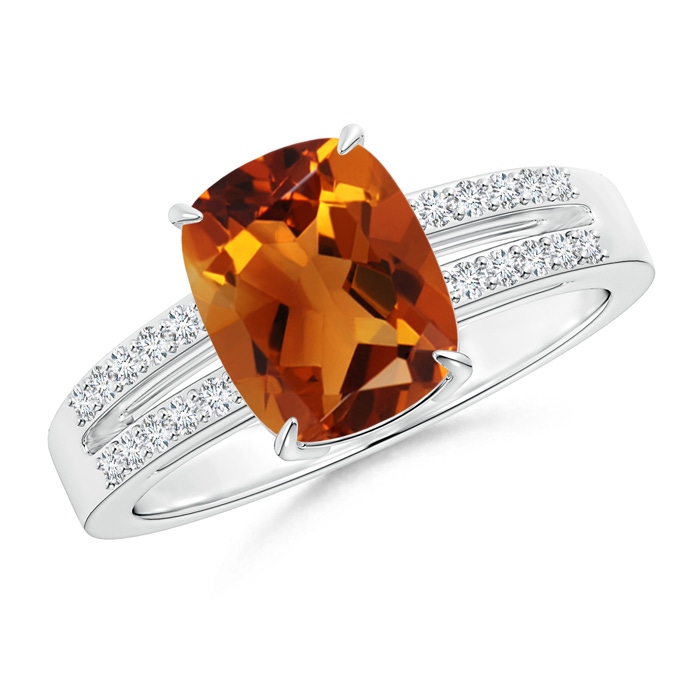 9x7mm AAAA Cushion Citrine Split Shank Ring with Diamond Accents in White Gold