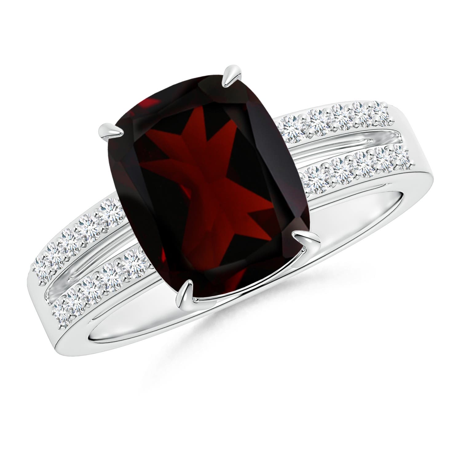 10x8mm A Cushion Garnet Split Shank Ring with Diamond Accents in P950 Platinum