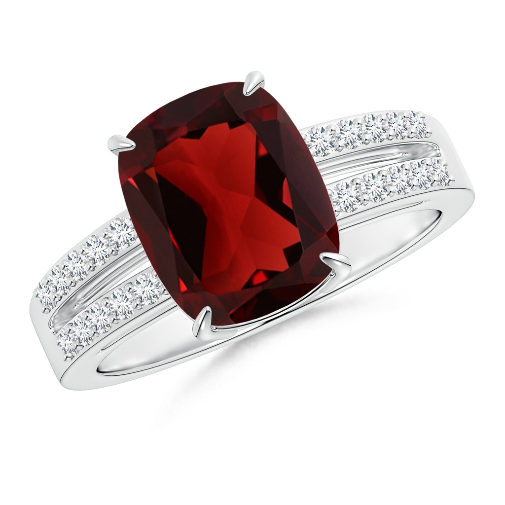 10x8mm AAA Cushion Garnet Split Shank Ring with Diamond Accents in White Gold