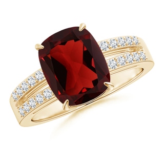 10x8mm AAA Cushion Garnet Split Shank Ring with Diamond Accents in Yellow Gold