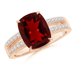 10x8mm AAAA Cushion Garnet Split Shank Ring with Diamond Accents in Rose Gold
