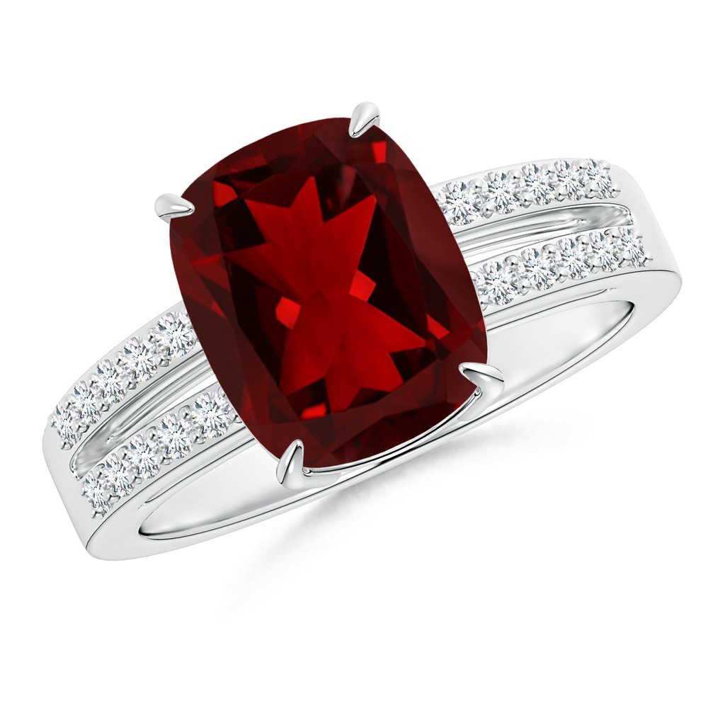 10x8mm AAAA Cushion Garnet Split Shank Ring with Diamond Accents in White Gold