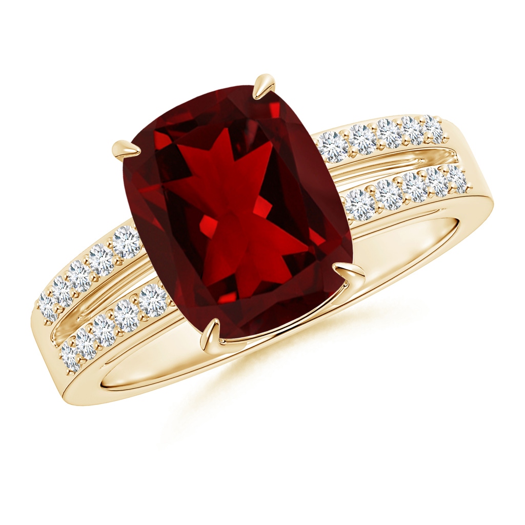 10x8mm AAAA Cushion Garnet Split Shank Ring with Diamond Accents in Yellow Gold