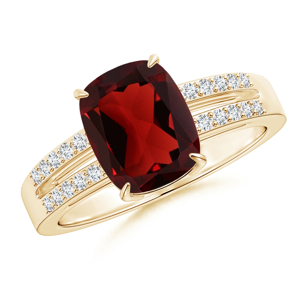 9x7mm AAA Cushion Garnet Split Shank Ring with Diamond Accents in Yellow Gold