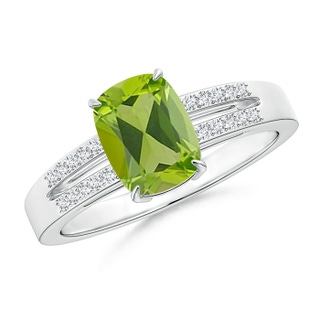 10x8mm AAA Cushion Peridot Split Shank Ring with Diamond Accents in 9K White Gold