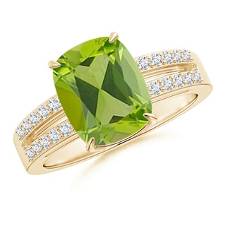 10x8mm AAA Cushion Peridot Split Shank Ring with Diamond Accents in 9K Yellow Gold