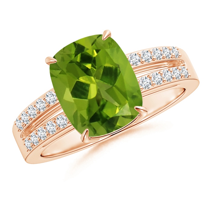 10x8mm AAAA Cushion Peridot Split Shank Ring with Diamond Accents in Rose Gold