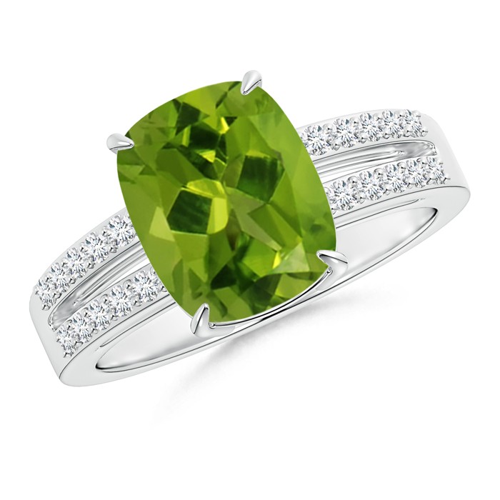 10x8mm AAAA Cushion Peridot Split Shank Ring with Diamond Accents in White Gold