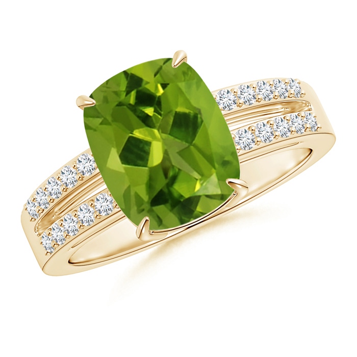 10x8mm AAAA Cushion Peridot Split Shank Ring with Diamond Accents in Yellow Gold