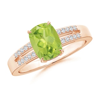 8x6mm AA Cushion Peridot Split Shank Ring with Diamond Accents in 10K Rose Gold
